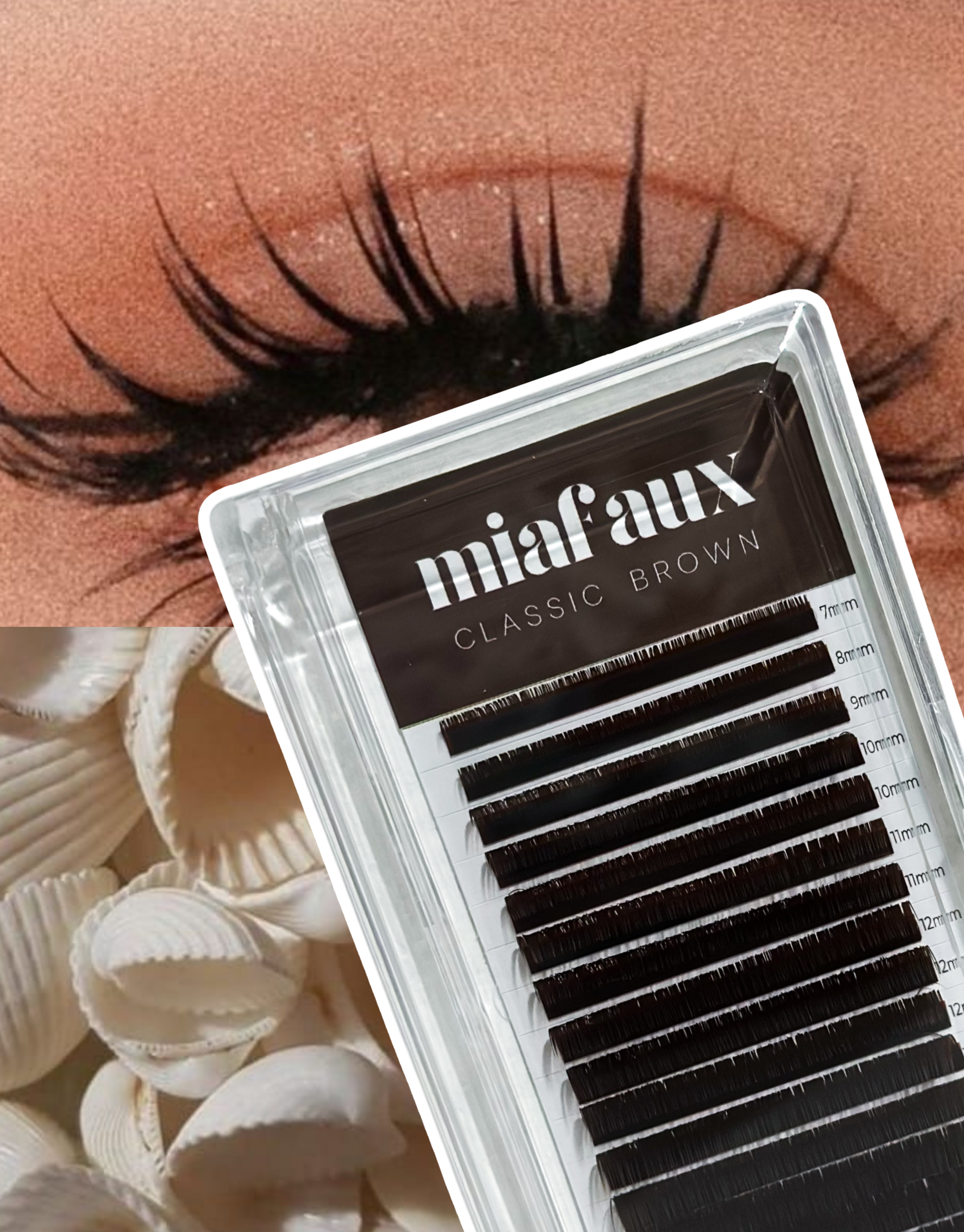 wispy brown eyelash showing miafaux classic brown lashes tray